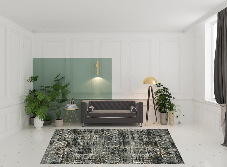 8' x 11' Oriental Power Loom Stain Resistant Area Rug - Ivory Charcoal Gray Blue Rust Gold And Brown