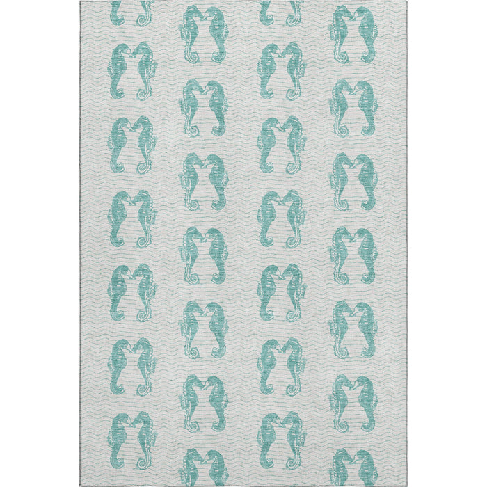 10' X 14' Geometric Washable Area Rug With UV Protection - Aqua / Ivory