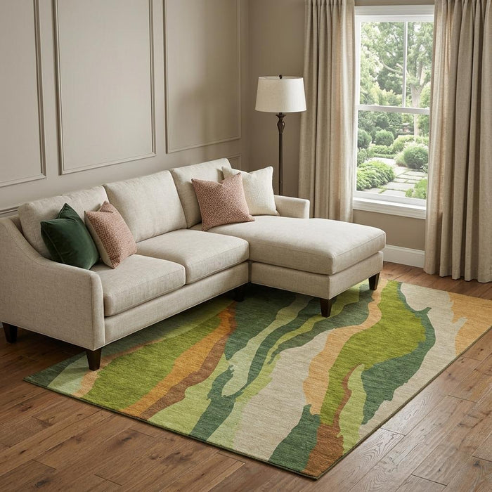 10' X 14' Abstract Washable Area Rug With UV Protection (682121) - Green / Copper / Peach