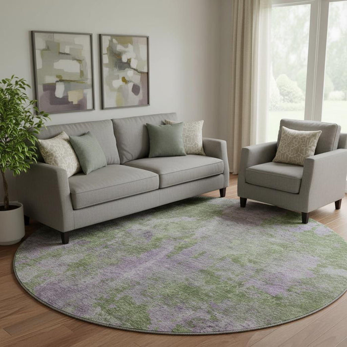 8' Abstract Washable Round Rug With UV Protection (649837) - Green / Ivory