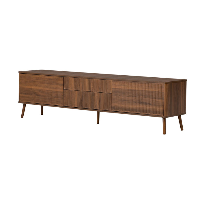 Giga walnut fluted TV stand with storage drawers, cabinets for up to 80-inch TVs, soft-close hinges, and cable management