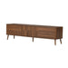 Giga walnut fluted TV stand with storage drawers, cabinets for up to 80-inch TVs, soft-close hinges, and cable management