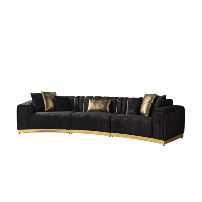 Velvet Curved Three Piece Sectional With Toss Pillows - Black