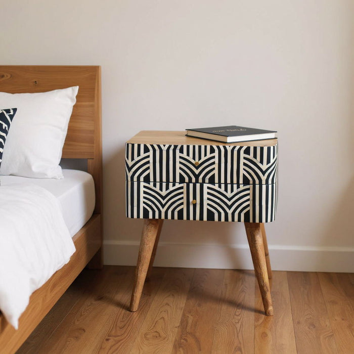 23" Solid Wood Geometric Bone Inlay Two Drawer Nightstand - Black