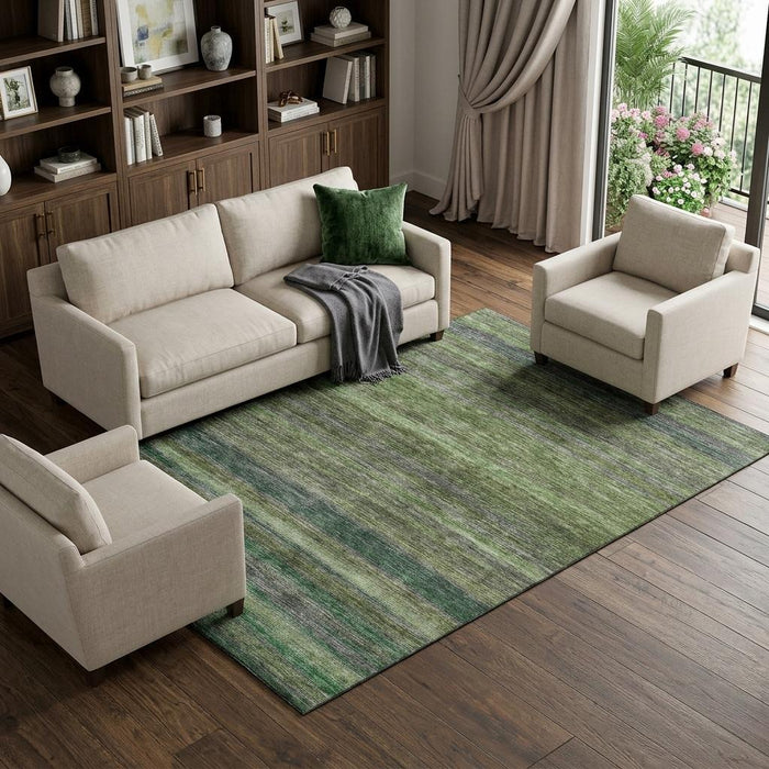 10' X 14' Striped Washable Area Rug With UV Protection (695666) - Artichoke Green / Gray
