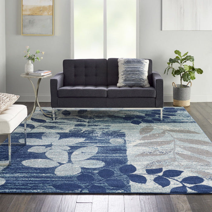 9' X 12' Boical Leaves Area Rug - Navy Blue And Ivory