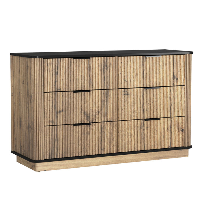 Modern Giga accent cabinet with six drawers, natural wood finish, rounded metal corners, and stylish handles for versatile storage.