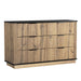 Modern Giga accent cabinet with six drawers, natural wood finish, rounded metal corners, and stylish handles for versatile storage.