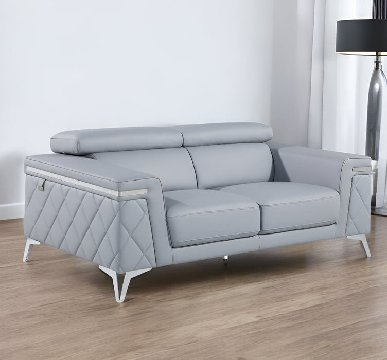 Metallic Leather Loveseat - Light Blue / Silver