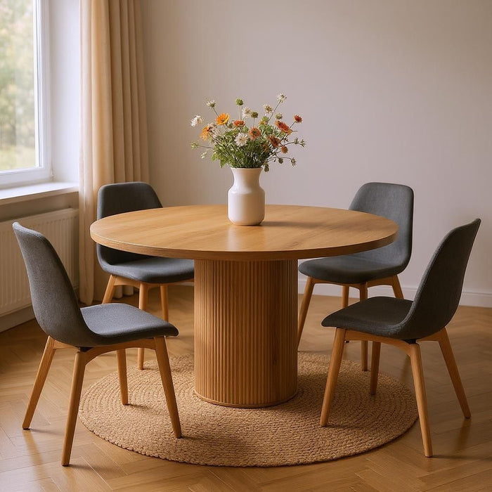 56" Solid Wood Ribbed Texture Pedestal Base Round Dining Table - Brown