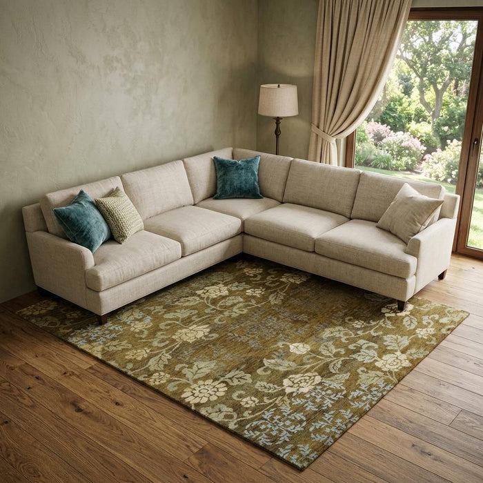 9' X 13' Floral Hand Knotted Area Rug (744420) - Brown / Green / Blue