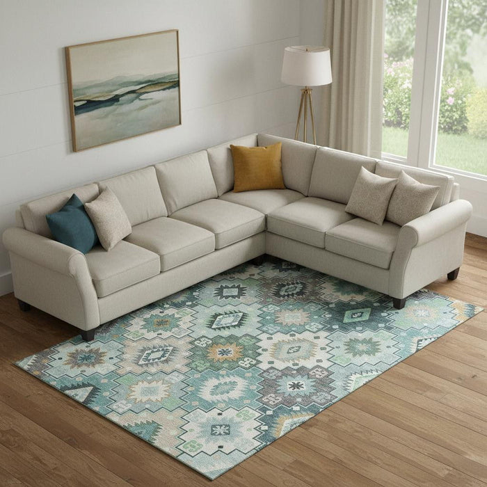 10' X 14' Geometric Washable Area Rug With UV Protection (718671) - Teal / Ivory