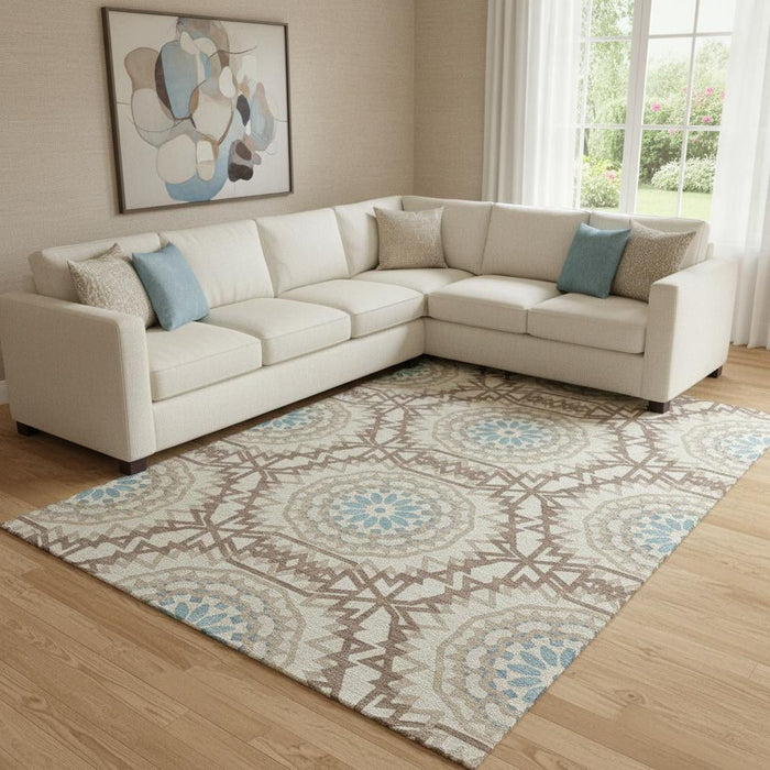 10' X 14' Geometric Washable Area Rug With UV Protection (652251) - Khaki / Teal