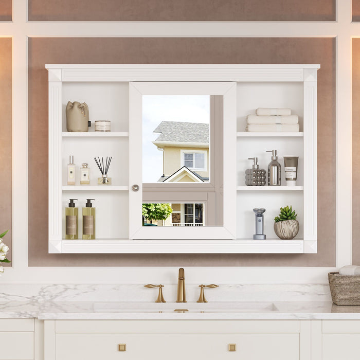 White Giga wall-mounted bathroom medicine cabinet with mirror, six open shelves, and adjustable interior storage.
