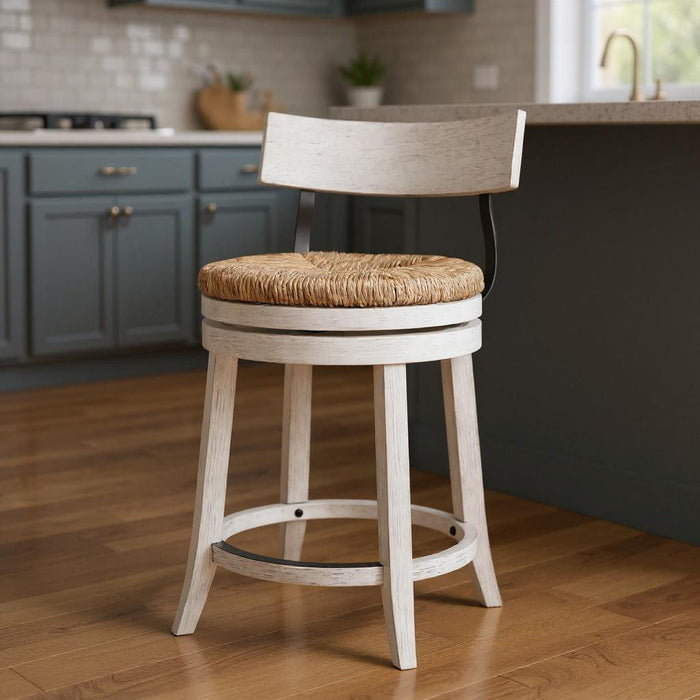 Rattan And Solid Wood Low Back Counter Height Swivel Bar Chair - Brown / White