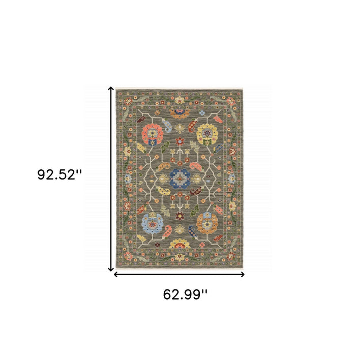 5' x 8' Oriental Power Loom Stain Resistant Area Rug With Fringe - Gray Blue Pink Orange Rust Red Green And Ivory