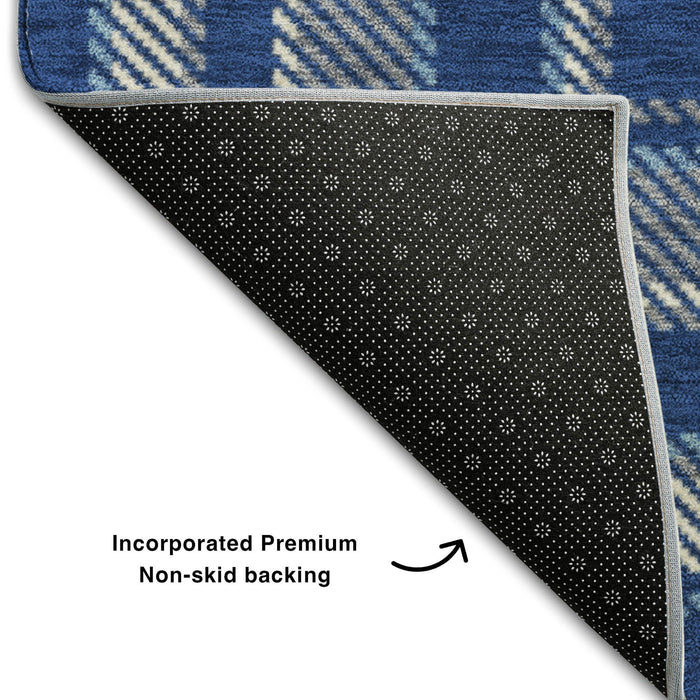 8' X 10' Plaid Washable Area Rug With UV Protection (649448) - Navy Blue / Ivory