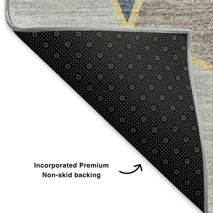 8' Geometric Washable Round Rug With UV Protection (653293) - Blue / Charcoal / Ivory