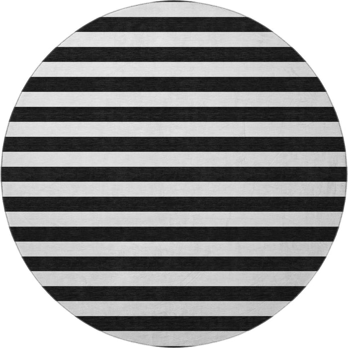 8' Striped Washable Round Rug With UV Protection (647563) - Black / Ivory