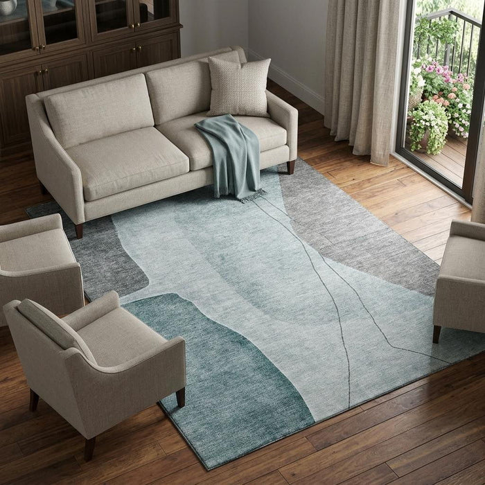 9' X 12' Abstract Washable Area Rug With UV Protection (656584) - Teal / Gray / Ivory