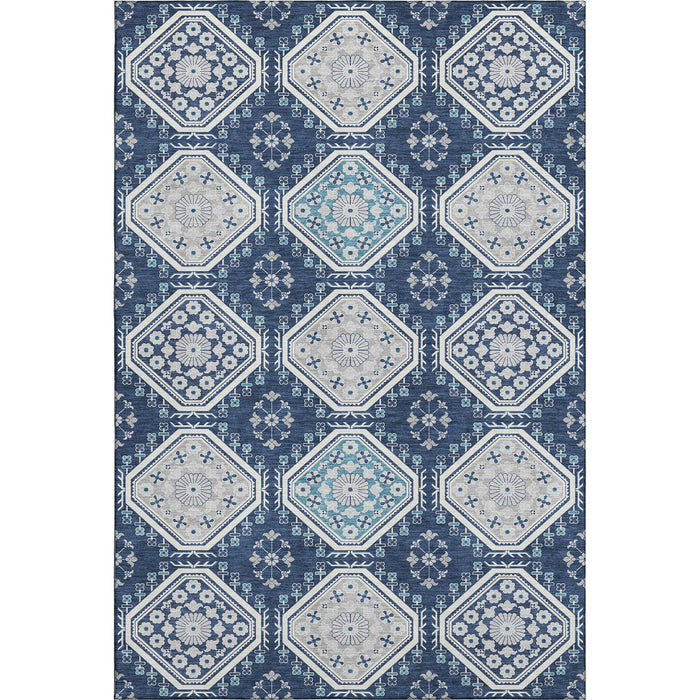 10' X 14' Floral Washable Area Rug With UV Protection (693744) - Navy Blue / Ivory