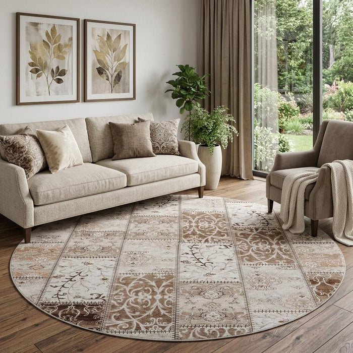 8' Patchwork Distressed Washable Round Rug With UV Protection (649549) - Beige / Ivory