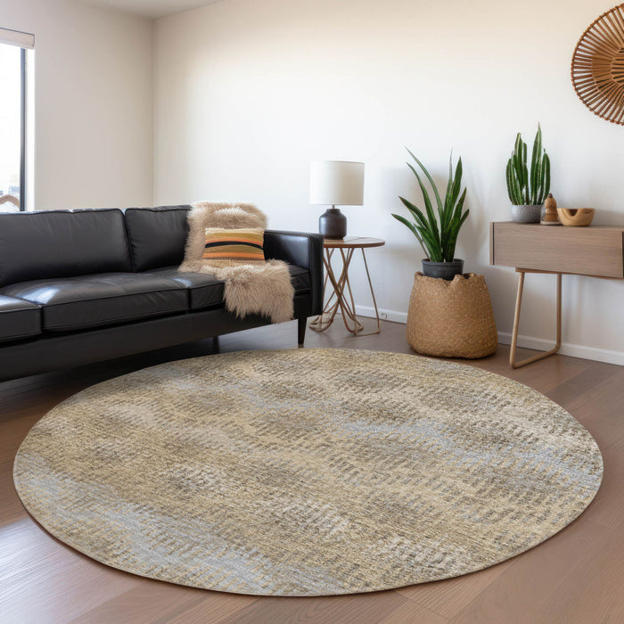 8' Abstract Washable Round Rug With UV Protection - Brown And Sky Blue