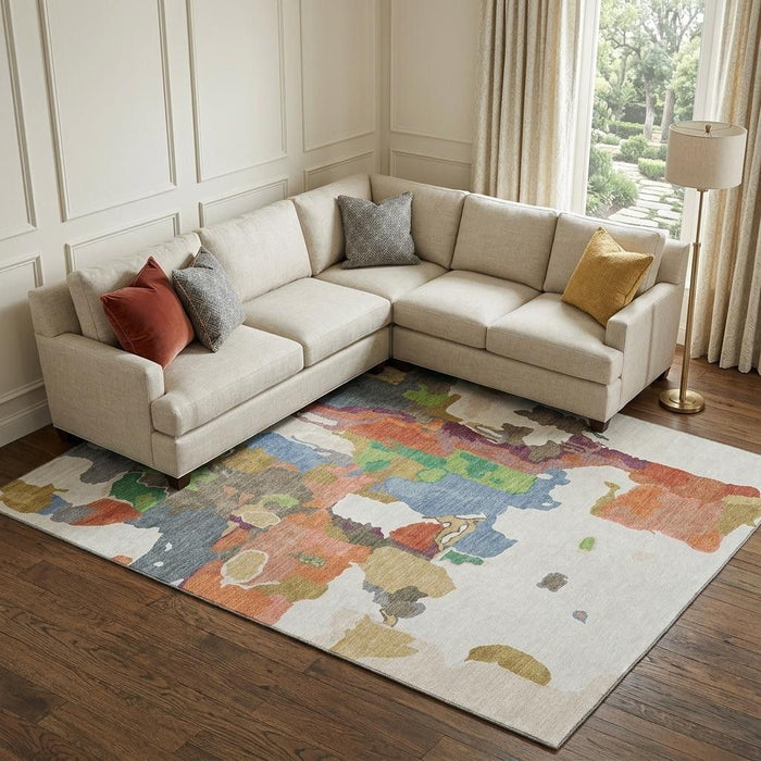 10' X 14' Abstract Washable Area Rug With UV Protection (680735) - Ivory / Orange / Blue / Green
