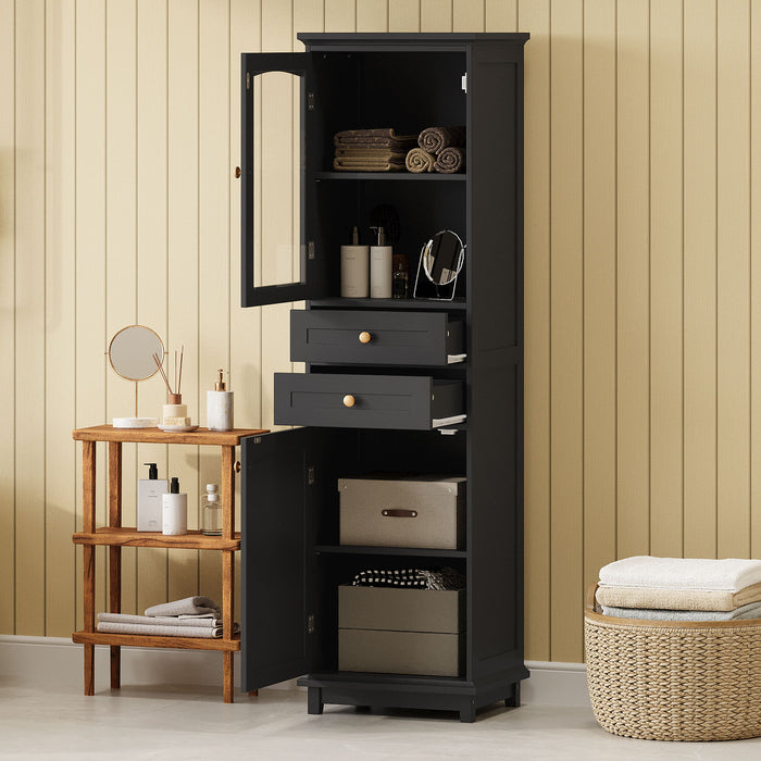 Giga tall bathroom linen cabinet with glass doors, two drawers, adjustable shelves, painted finish, free-standing design for display