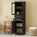 Giga tall bathroom linen cabinet with glass doors, two drawers, adjustable shelves, painted finish, free-standing design for display