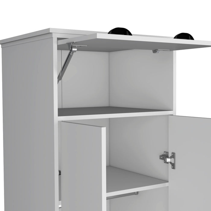 White Giga wardrobe with upper storage, two central shelves, hanging tube with doors, and a bottom drawer.