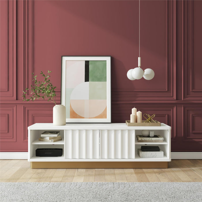 Giga Rene white scalloped TV stand for 65-inch TVs, featuring a modern design with curved edges and ample storage space.