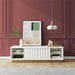 Giga Rene white scalloped TV stand for 65-inch TVs, featuring a modern design with curved edges and ample storage space.