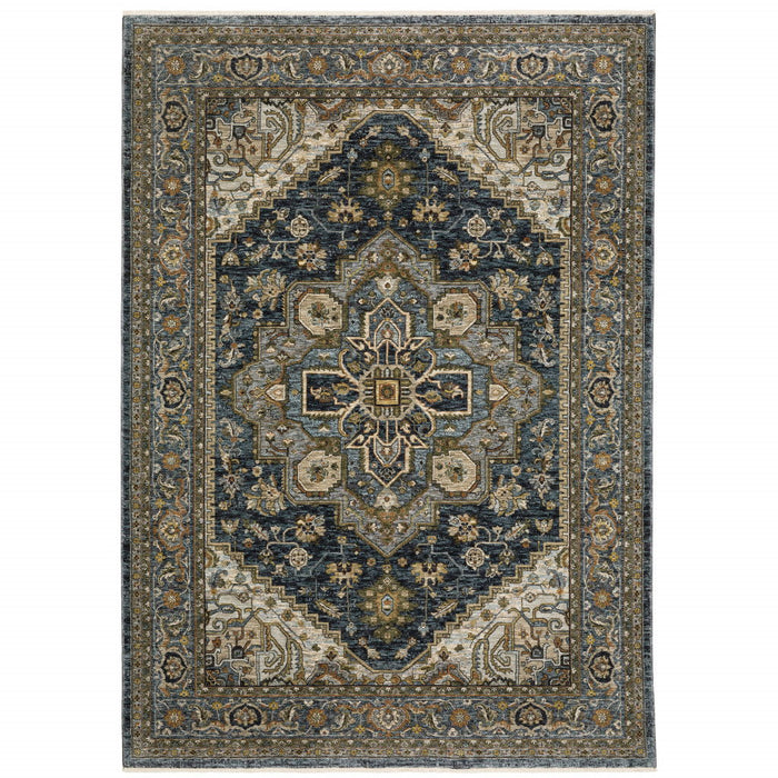 7' x 10' Oriental Power Loom Area Rug With Fringe - Blue And Green