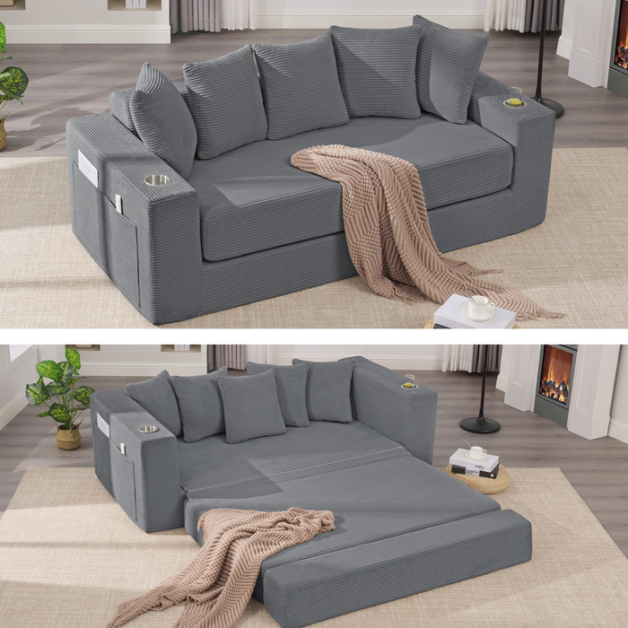 [NEW ARRIVED] [VIDEO PROVIDED]2-in-1 Convertible Sleeper Couch,Modern sofa, Floor Folding Couch,Corduroy,5 Pillows,Side Pocket, Cup Holders,Apartment, Home Office, No Assembly,3 Seat,Dark Gray