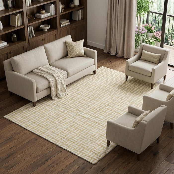10' X 14' Abstract Geometric Washable Area Rug With UV Protection (673531) - Gold / Ivory