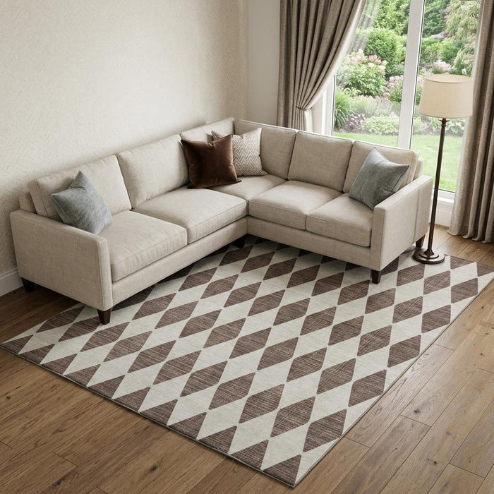 9' X 12' Diamond Washable Area Rug With UV Protection (650037) - Brown / Ivory