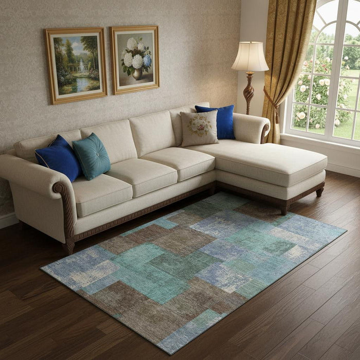 10' X 14' Geometric Washable Area Rug With UV Protection (709792) - Brown / Teal / Ivory