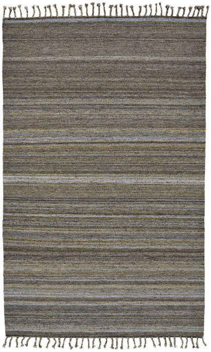 9' x 12' Wool Striped Hand Woven Area Rug With Fringe - Gray And Green