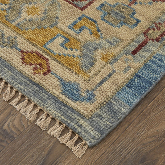 10' Wool Geometric Hand Knotted Runner Rug With Fringe - Blue Red And Yellow
