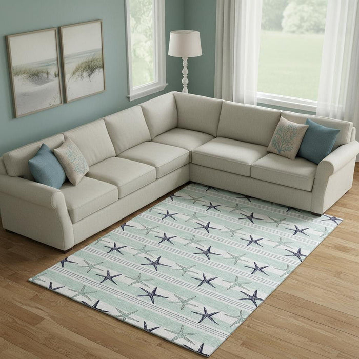 9' X 12' Geometric Washable Area Rug With UV Protection (646126) - Aqua / Navy Blue / Ivory