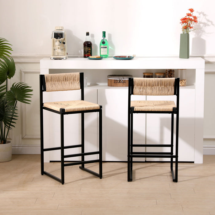 Set of 2 Giga bar stools with paper rope weave backs, ideal for kitchen island, bar, or counter seating, featuring hand-woven design.