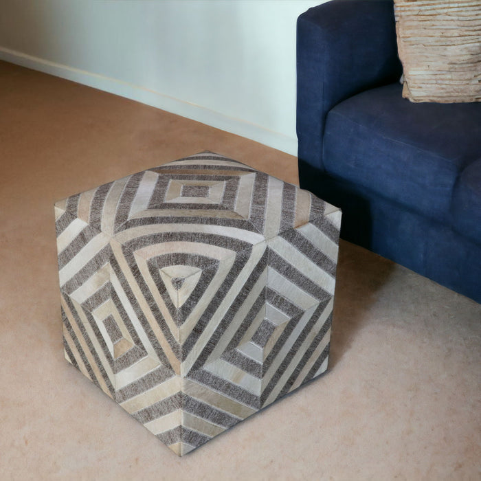 Hair on Hide Cube Geometric Pouf Ottoman - Gray And Beige
