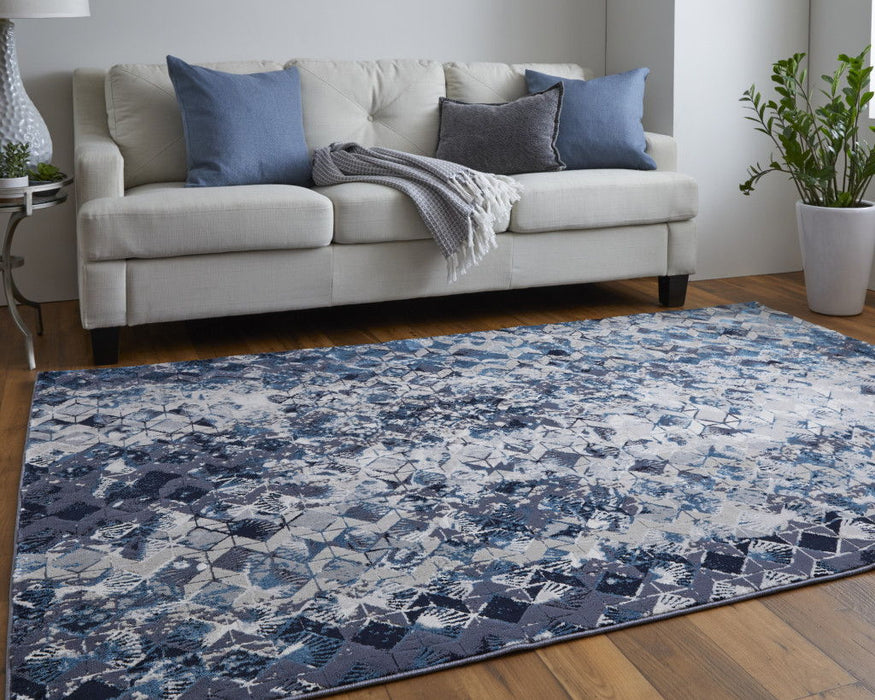 8' x 10' Geometric Power Loom Distressed Area Rug - Blue Ivory And Gray