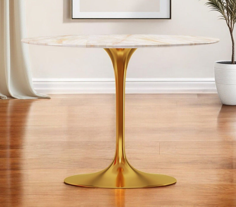 40" Rounded Stone And Metal Pedestal Base Dining Table - Gold