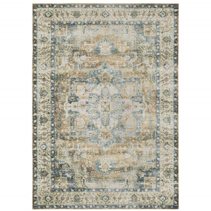 7' x 10' Oriental Printed Stain Resistant Non Skid Area Rug - Blue Gold Brown Green And Salmon