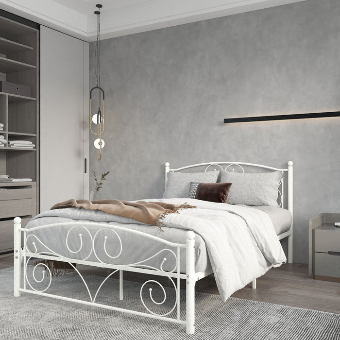 Giga white metal platform bed frame with unique flower design, headboard, and footboard