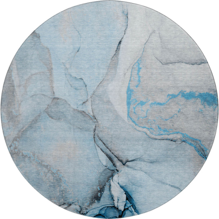 8' Abstract Washable Round Rug With UV Protection (646819) - Blue / Gray / Ivory
