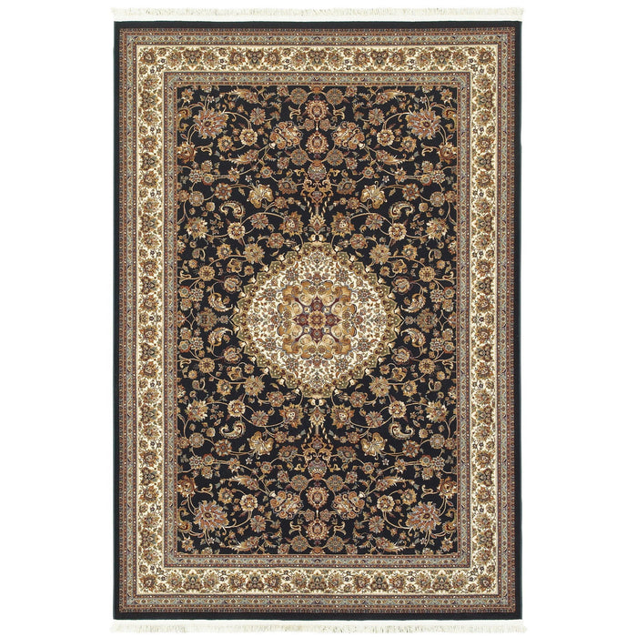 8' X 11' Medallion Area Rug With Fringe (574477) - Ivory / Dark Blue