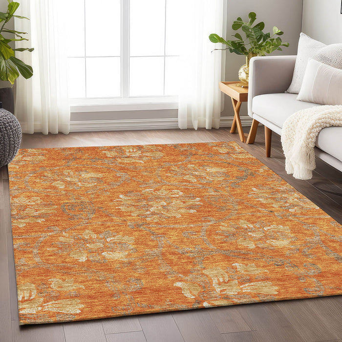 10' X 14' Floral Washable Area Rug With UV Protection - Orange